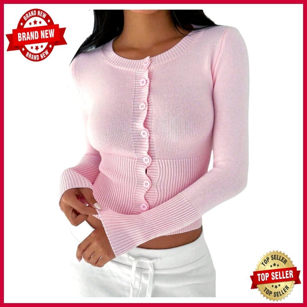 Cropped Ribbed Cardigan Button Up Cinched Waist Long Sleeve Crew Neck Sweater